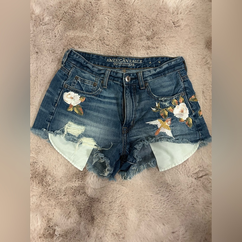 American Eagle Outfitters Women's Blue Denim Shorts with Floral Embroidery